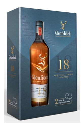 WHISKY ECOSSE GLENFIDDICH 18 ANS COFFRET 2 VERRES 40%